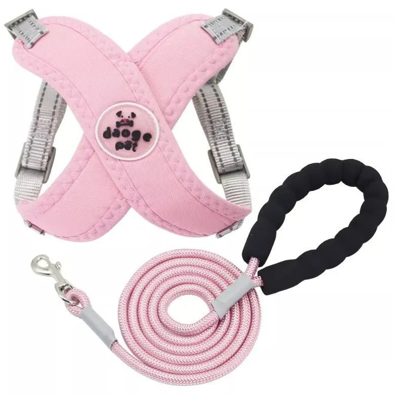 Polyester dog vest with attached hand-holding rope in blue, green, pink or yellow colours