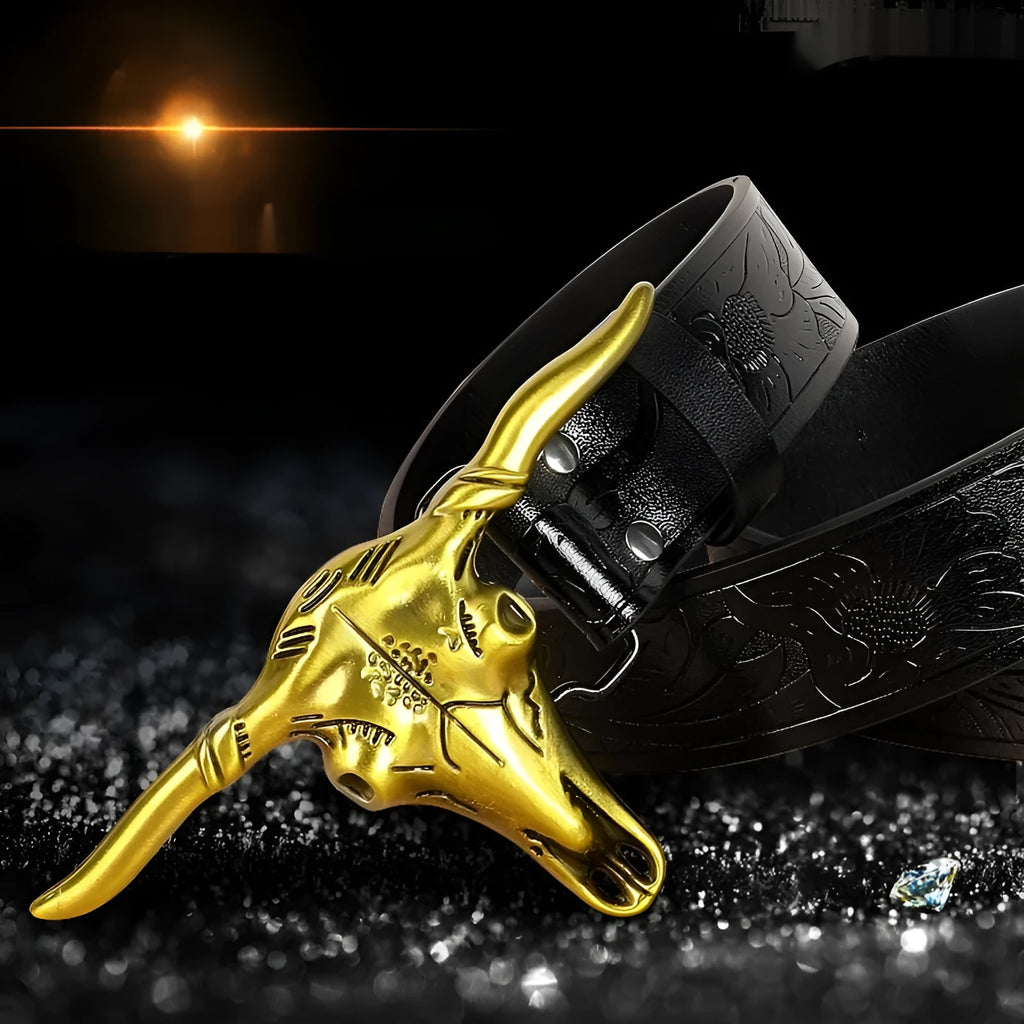 Men's black imitation leather belt with a detailed alloy cow head buckle and pin clasp.