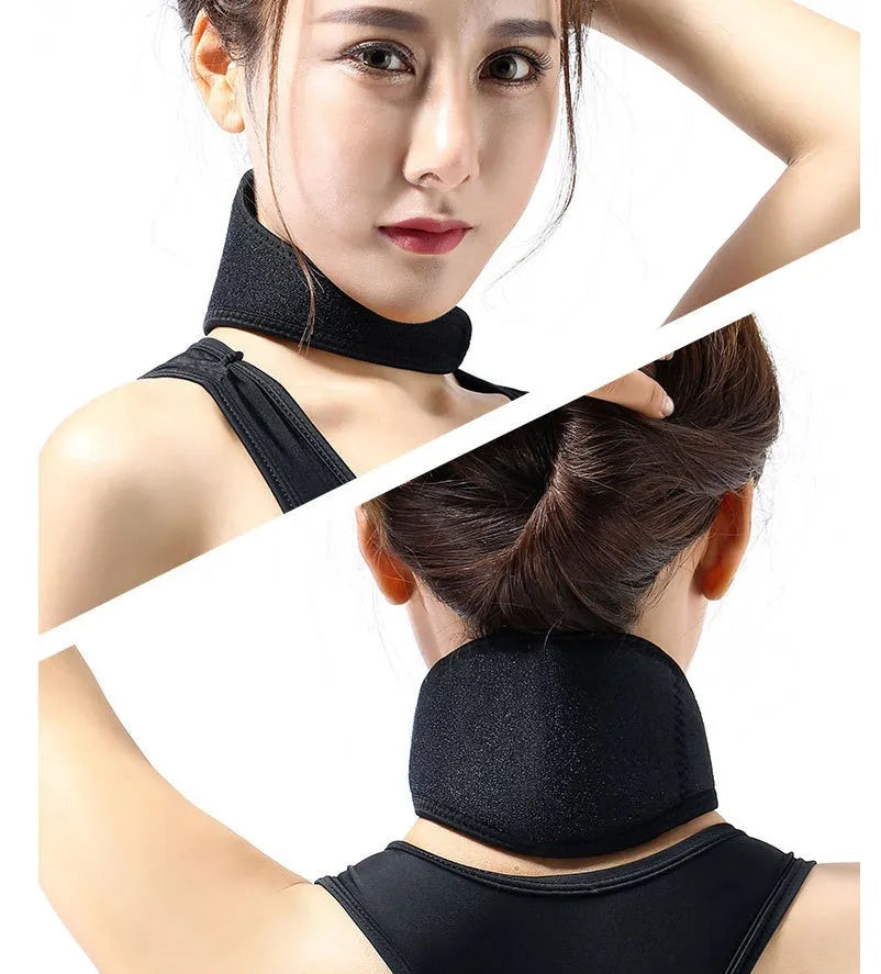 Black self-heating magnetic therapy neck guard with adjustable shoulder strap.
