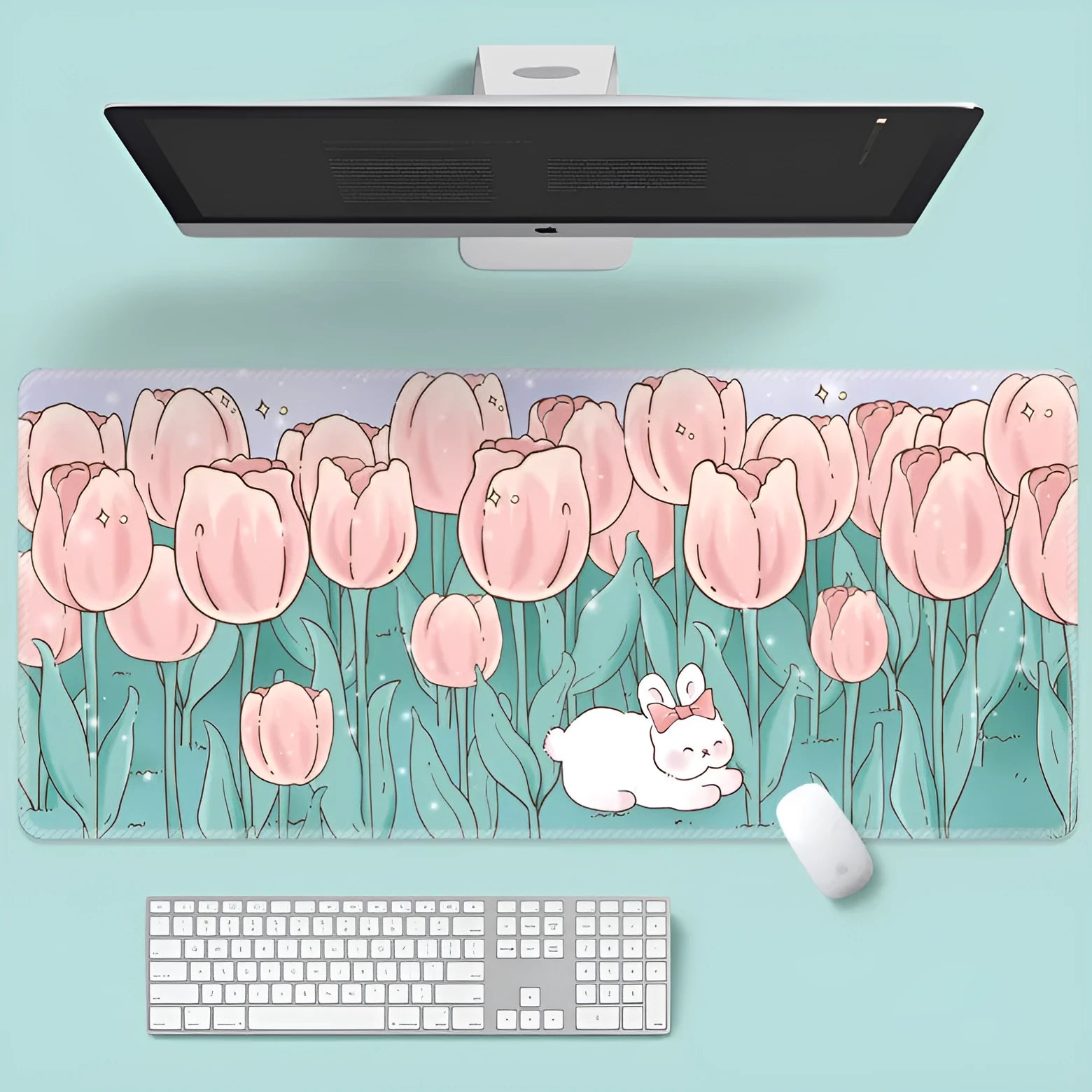 Floral pattern mouse pad on desk with keyboard, showing non-slip rubber base and colourful flower design