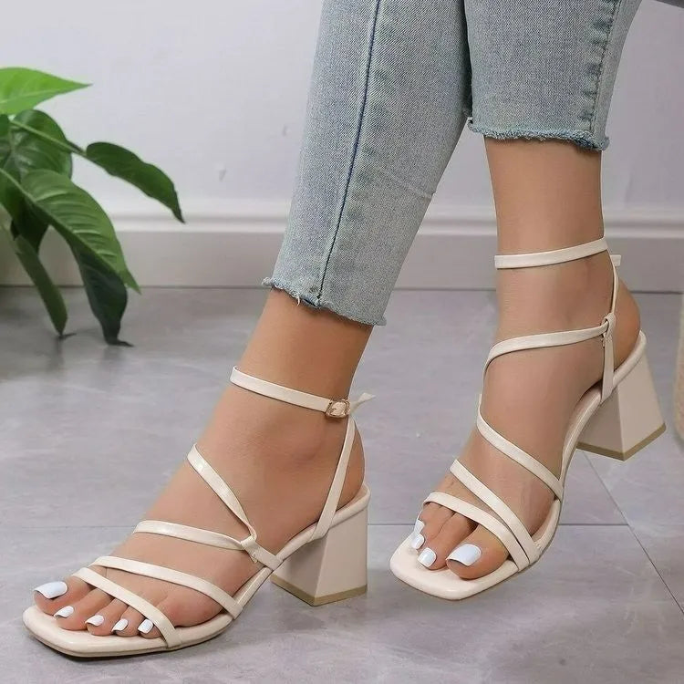 Plus size beige open toe slippers with a square toe and an adjustable ankle buckle strap