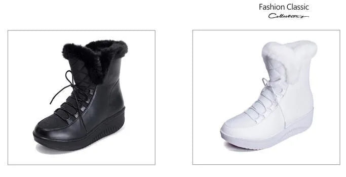 Women's black and white winter boots with 3cm platform, plush lining, and lace-up closure