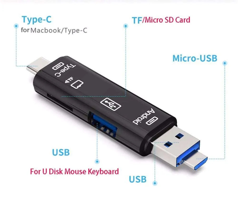 Black USB-C to Micro USB and TF card reader hub adapter with USB 2.0 port