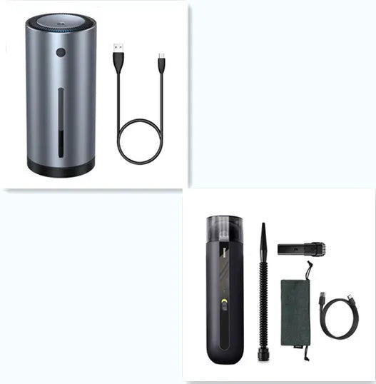 Baseus handheld cordless car vacuum cleaner in black, white, or green with blowing hose attachment.