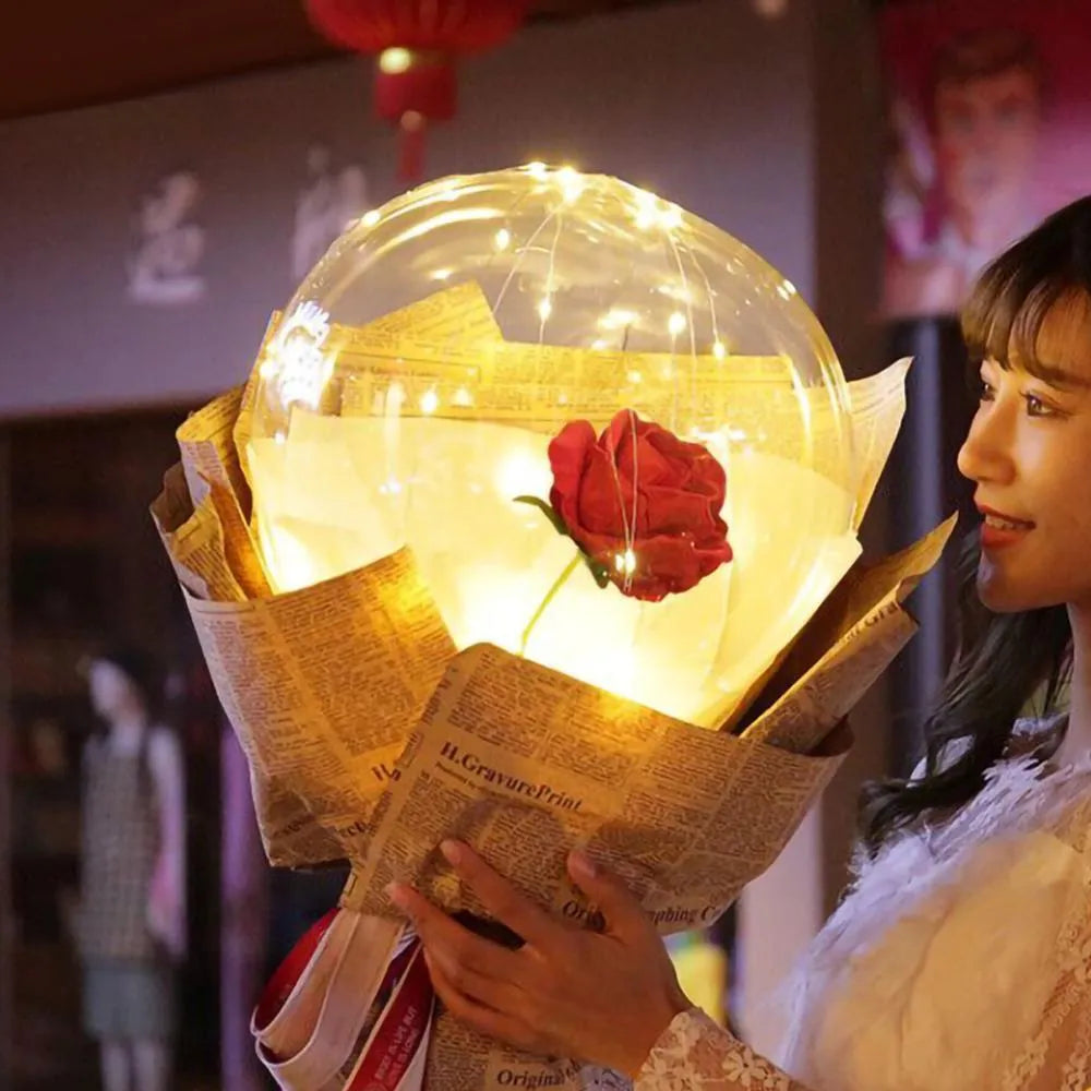 LED luminous transparent bobo balloon rose bouquet with artificial flowers and integrated lighting