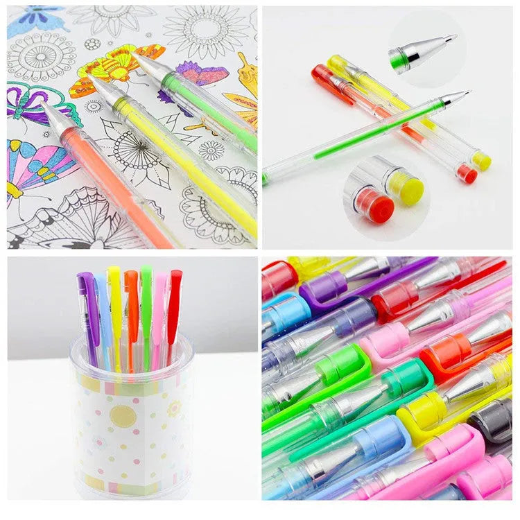 100 colour gel pen set with watercolour effects and dual tip sizes in plastic barrels