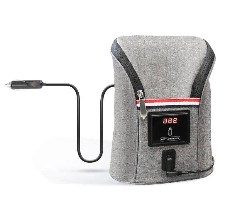 Grey portable car USB baby bottle warmer with digital display and hanging buckle for travel