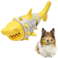 Shark tooth patterned dog chew toy for teething puppies and dental cleaning in blue colour