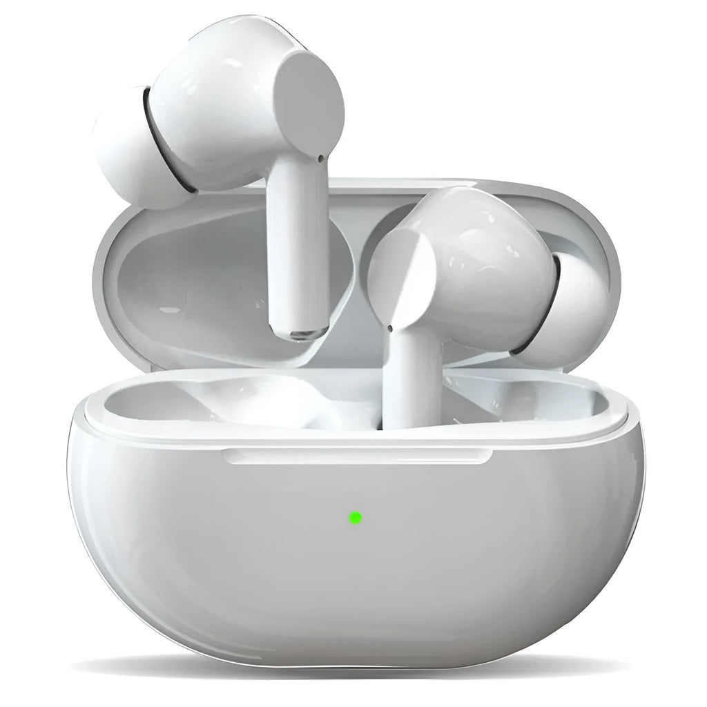 Black and white Pro4 wireless Bluetooth earphones with a charging case and cable.