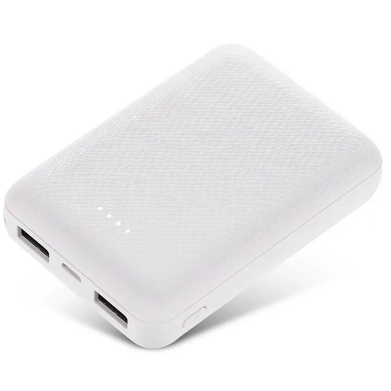 Black and white 10,000mAh ultra-thin power bank with multiple USB ports