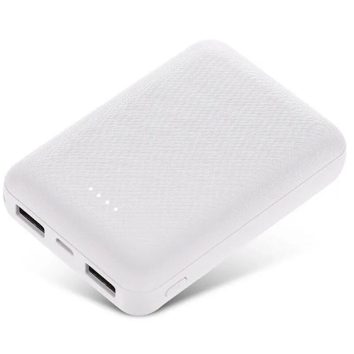 Black and white 10,000mAh ultra-thin power bank with multiple USB ports