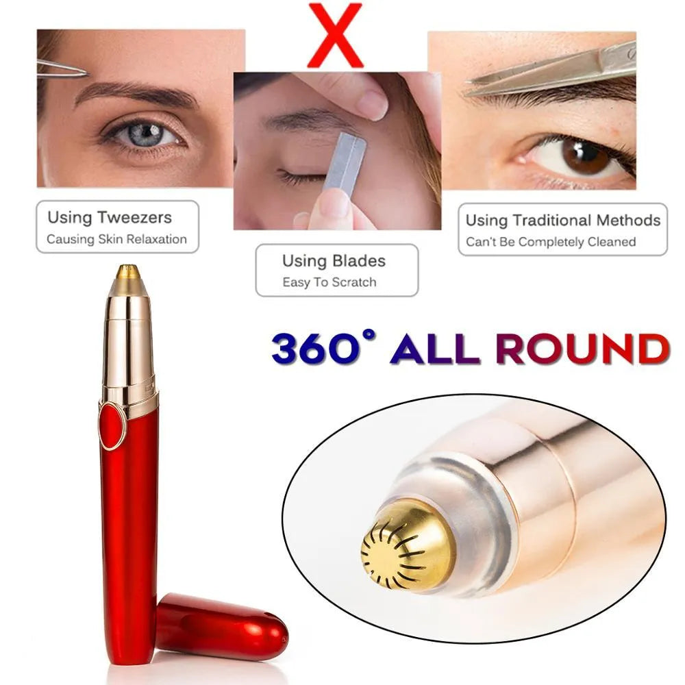 Multifunction eyebrow trimmer in white, black, or red, compact 10.5cm box size, standard or rechargeable version.