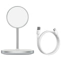 Black magnetic wireless charging stand for iPhone 12 with Type-C cable on a desk