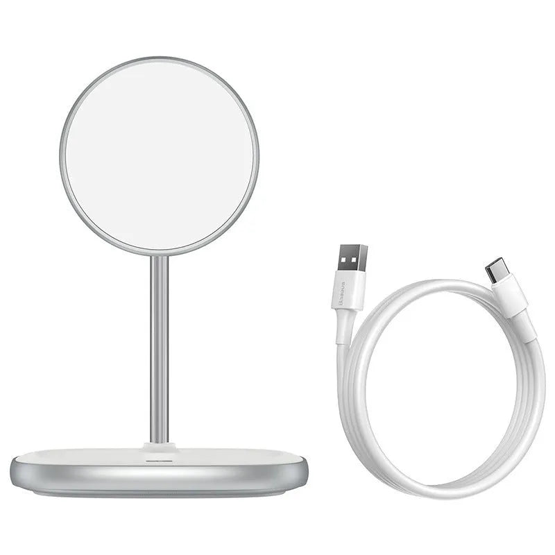 Black magnetic wireless charging stand for iPhone 12 with Type-C cable on a desk