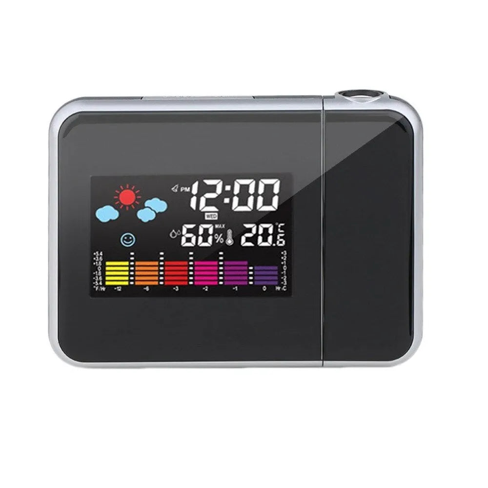 Black digital projection alarm clock with LED display and environmental sensors