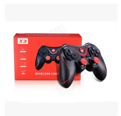 Black X3 Bluetooth wireless game controller for Android phones with optional mobile phone clip attached