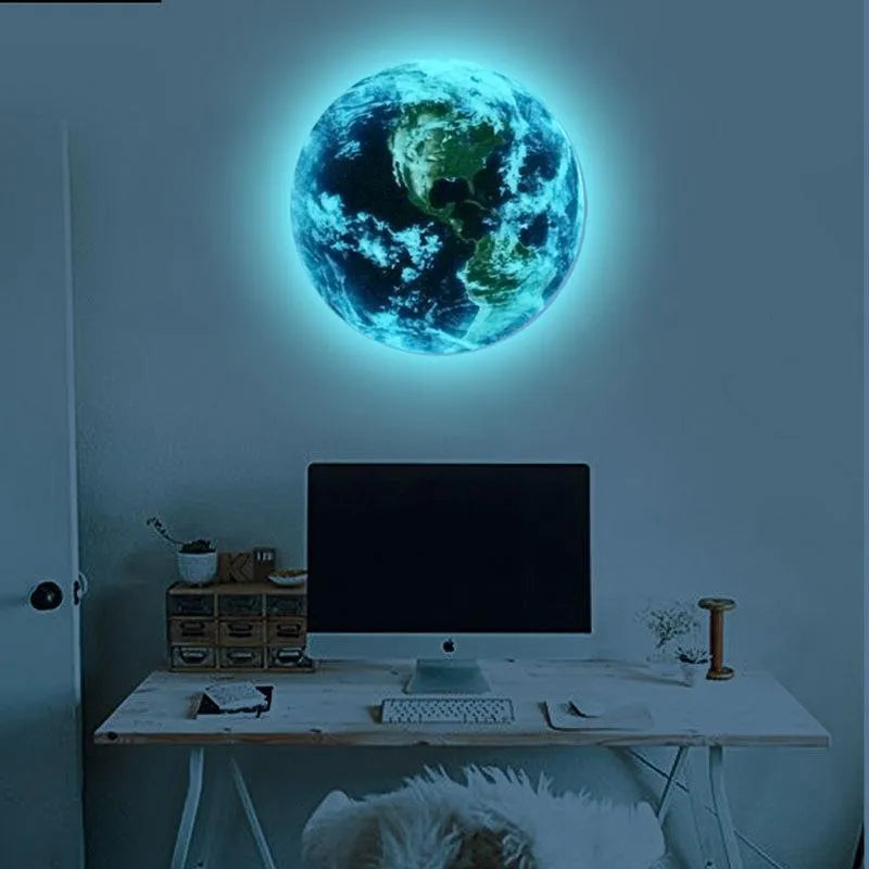 Glow in the dark 3D Earth wall sticker showing luminous planet design in three available sizes
