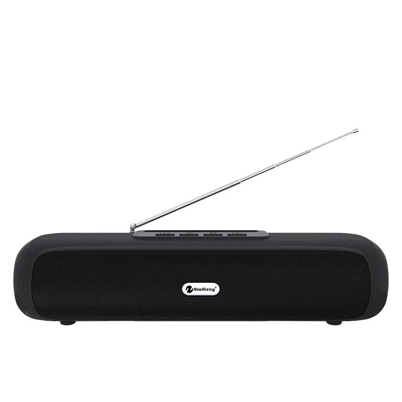 Long strip wireless desktop subwoofer speaker in black, blue, red, or silver grey finishes.