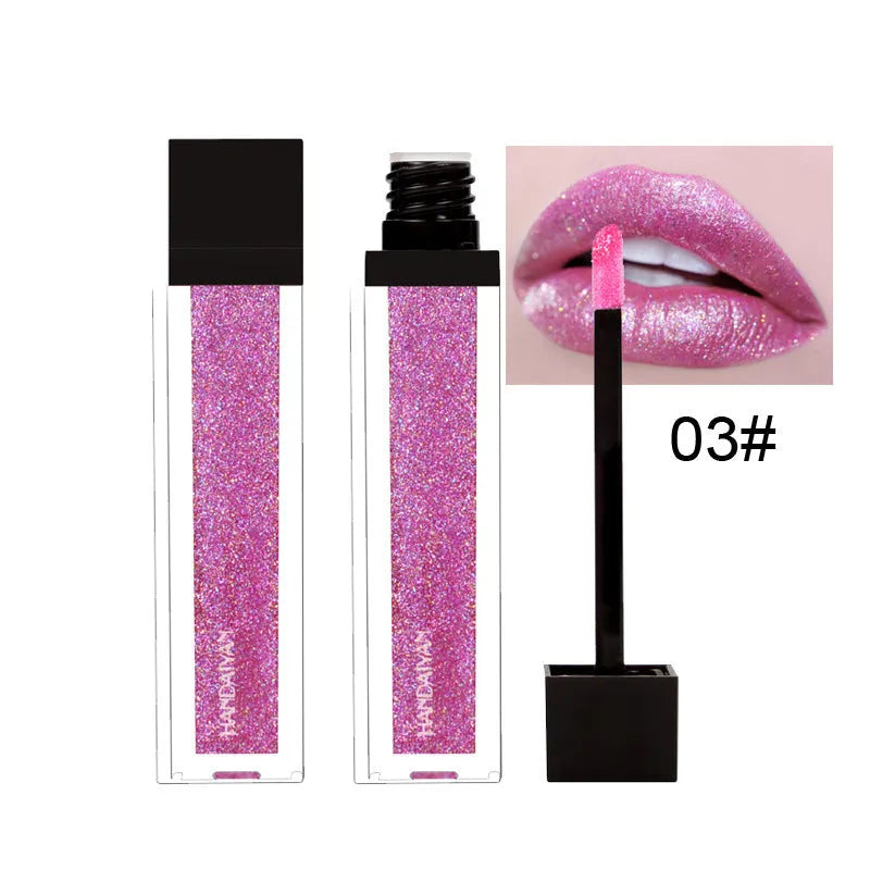 Shiny matte waterproof lip gloss tube with soft applicator, available in five shades including pink and rose red.
