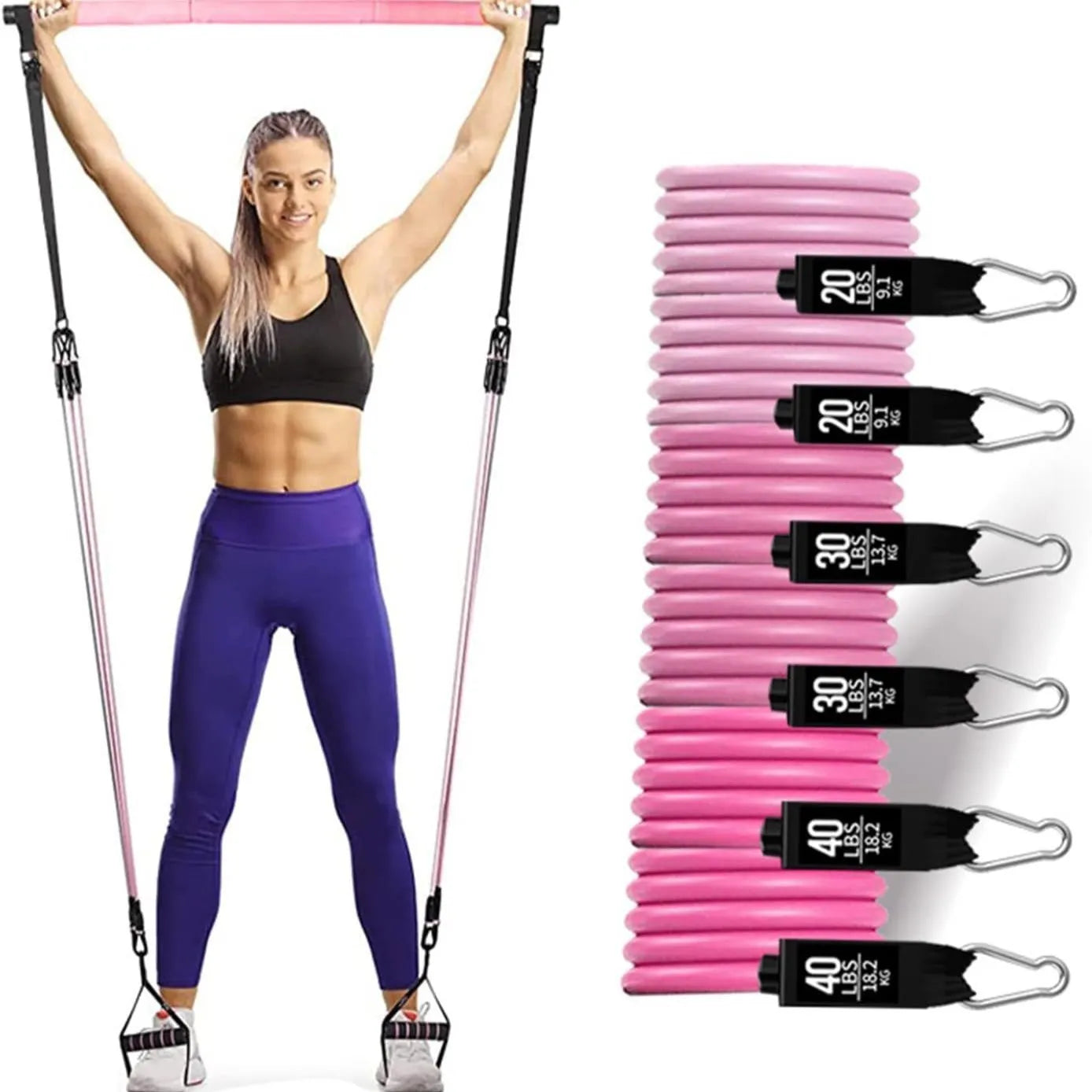Yoga gymnastic bar reinforced resistance band pull rope set in black or pink with 180-pound capacity