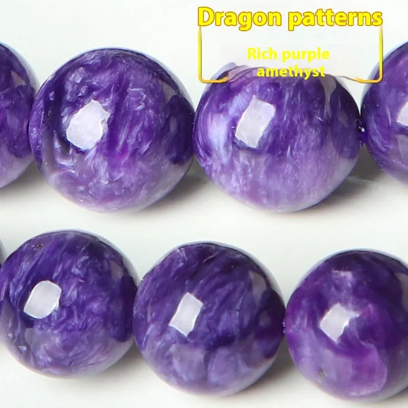 Transparent charoite crystal bracelet with platinum silver-plated components showing bead sizing options