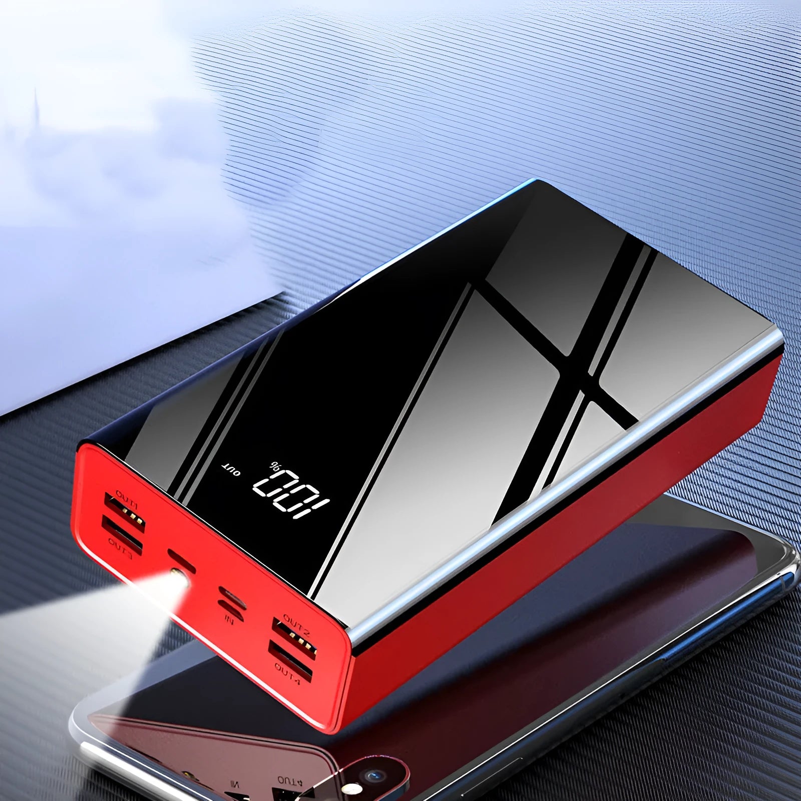Large capacity 40000mAh power bank with LCD display in black or red plastic casing