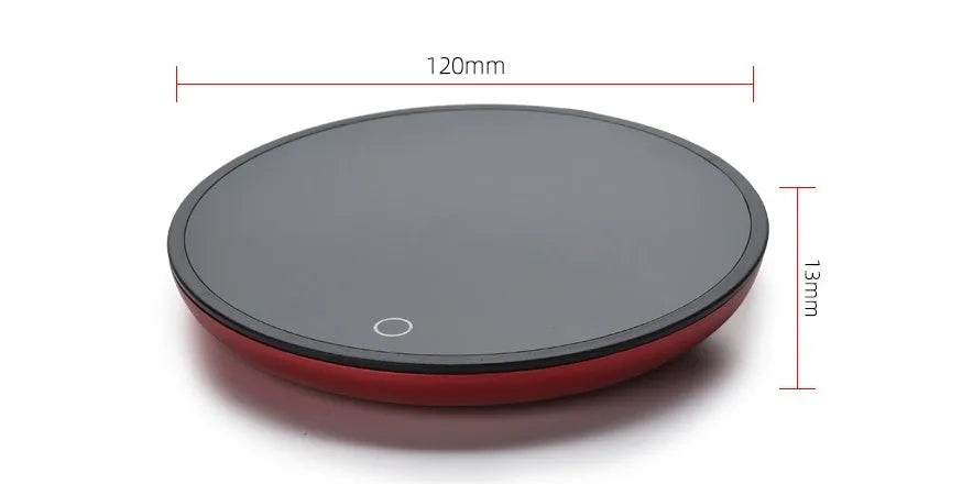 Black coffee mug warmer with dual temperature buttons and 12 cm heating plate