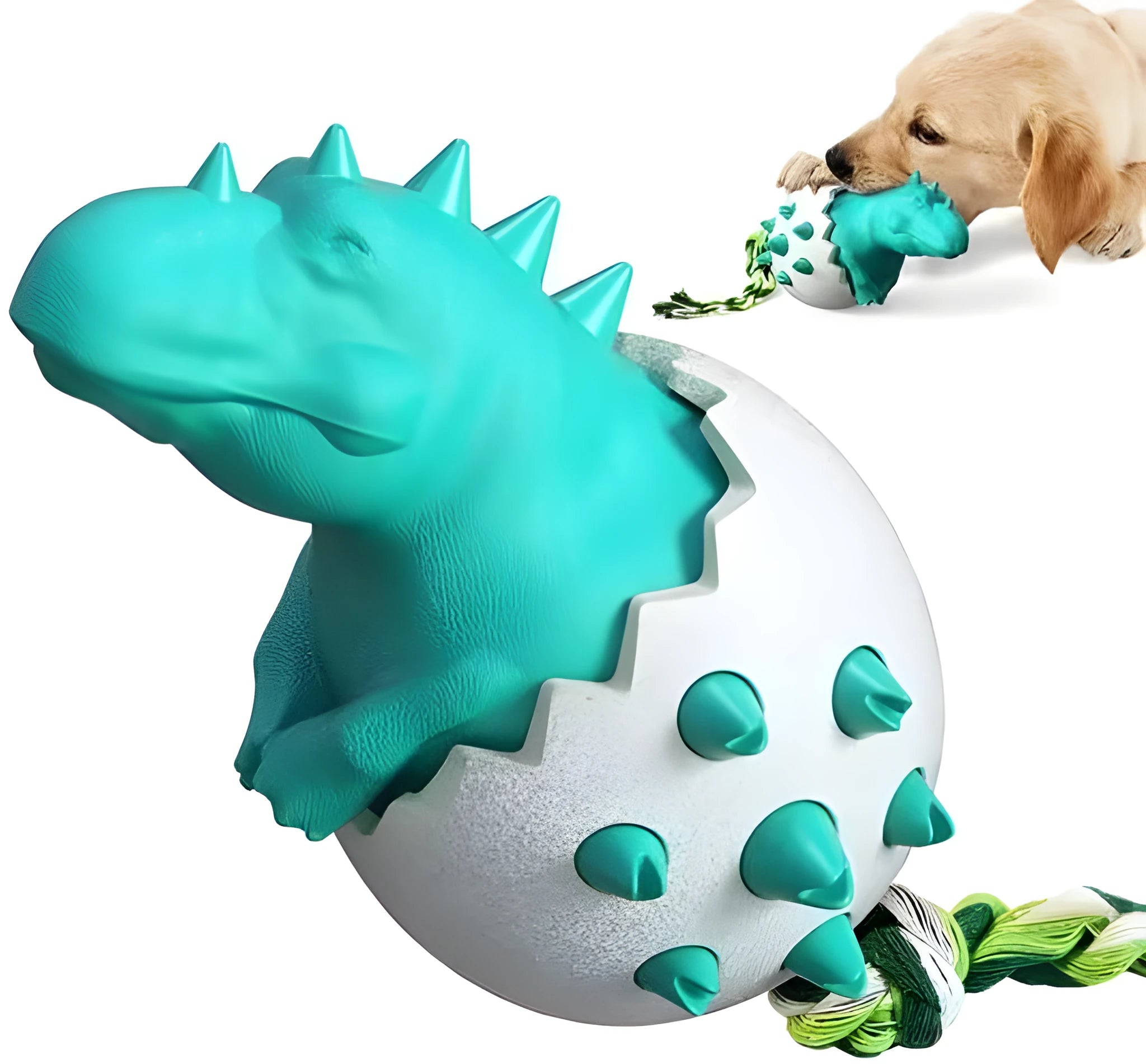 Blue dinosaur-shaped dog chew toy with rubber texture, rope tail, and dental cleaning nubs