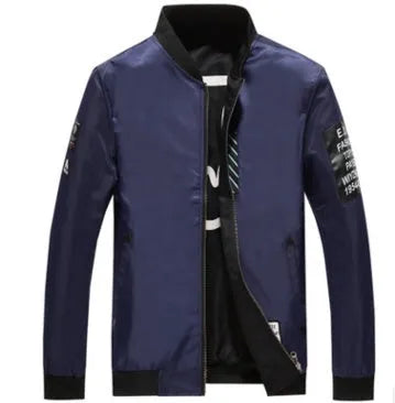 Reversible men's casual bomber flight jacket shown in black, blue, and green colour options with a stripe pattern.