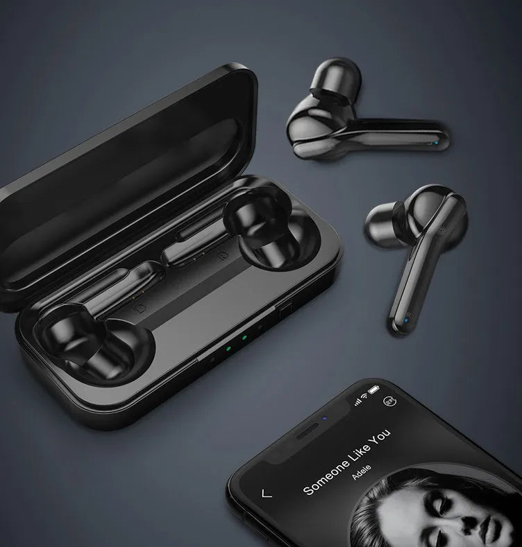 Black and white true wireless stereo earbuds with Bluetooth 5.0 technology