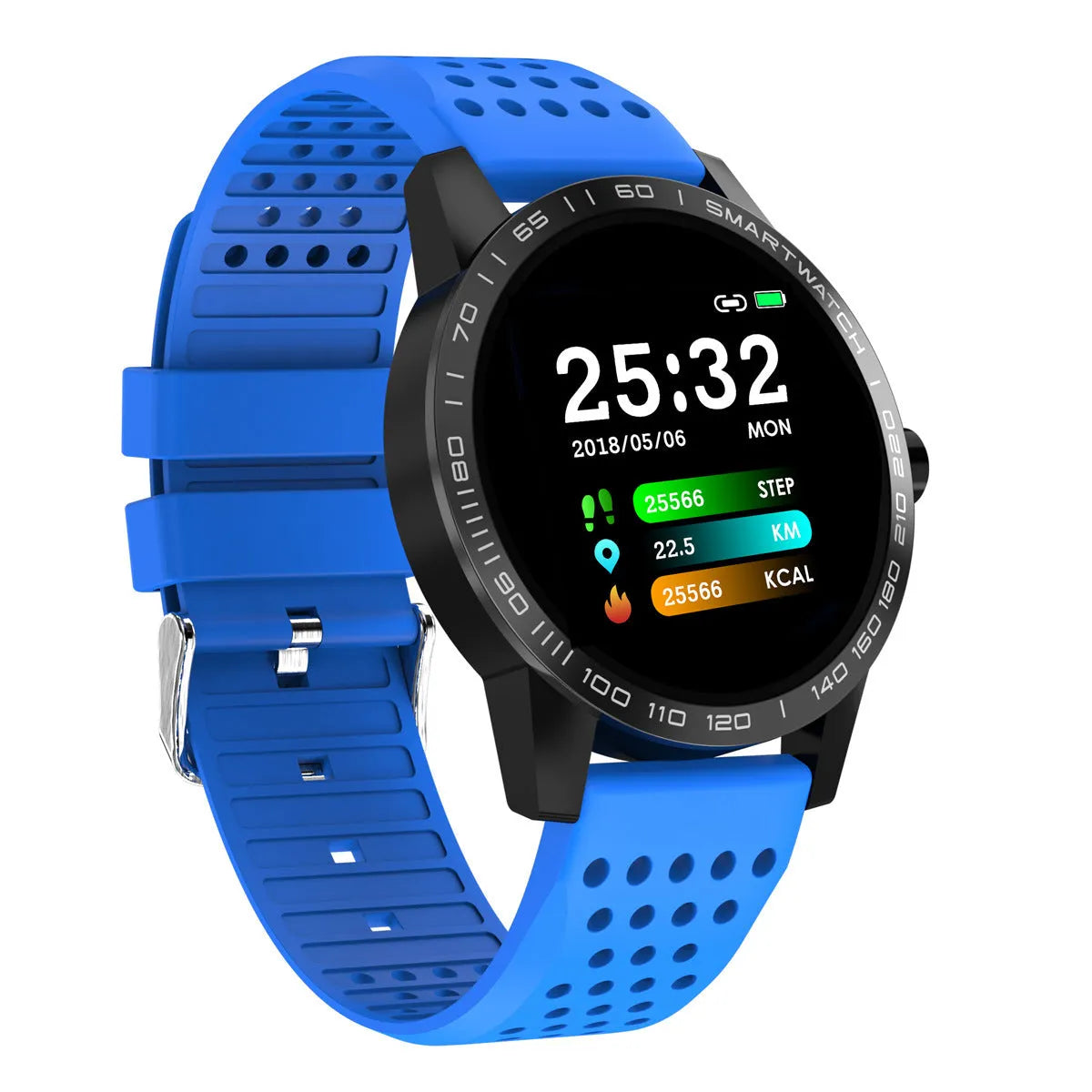 Black smart bracelet with colour screen displaying heart rate and fitness data on wrist