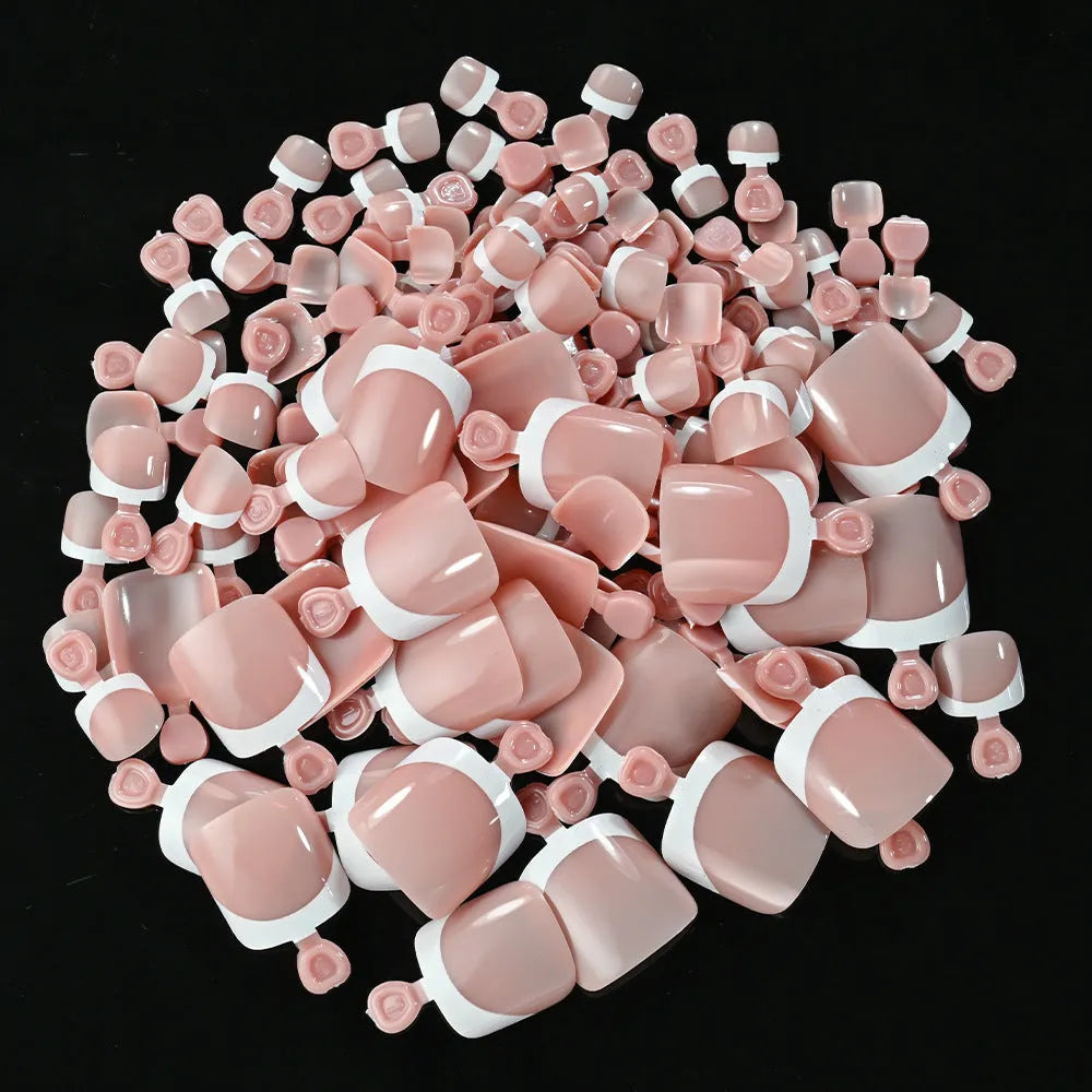 Box of 120 square short false nail pieces with French white edge design in nude colours