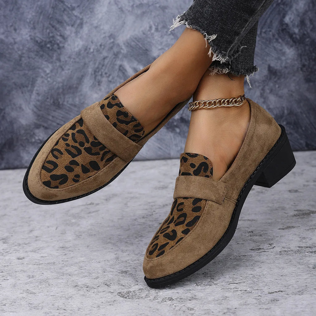 Leopard print suede slip-on shoe with a chunky mid-heel and pointed toe in pink