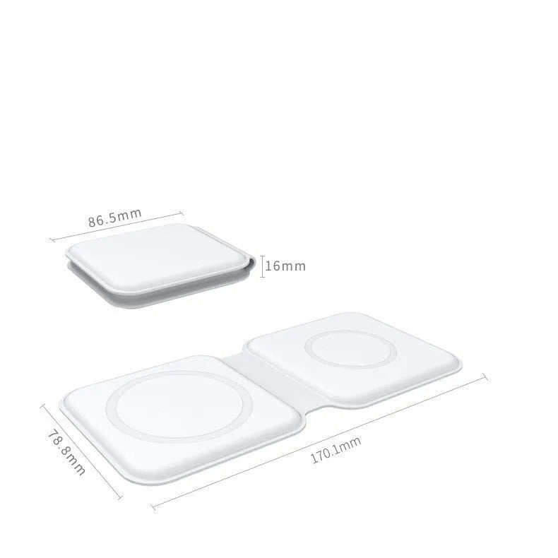 White foldable magnetic wireless charging dock showing dual charging surfaces and adjustable hinge