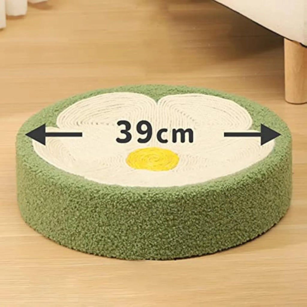 Green round bowl cat scratcher lounge bed with sisal scratching surfaces measuring 39cm diameter