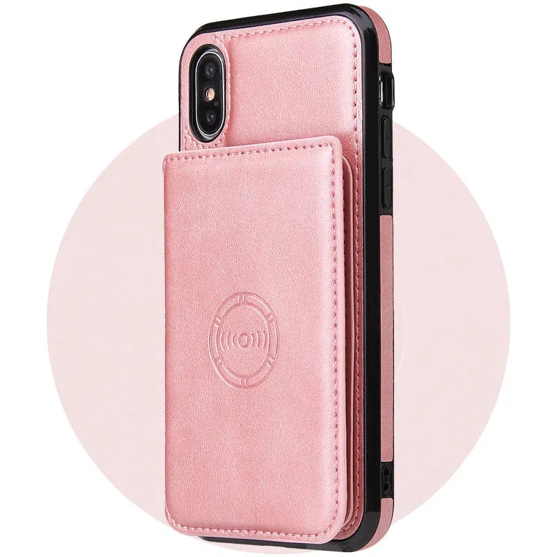 Solid colour imitation leather card wallet phone case for iPhone shown in multiple colour options.
