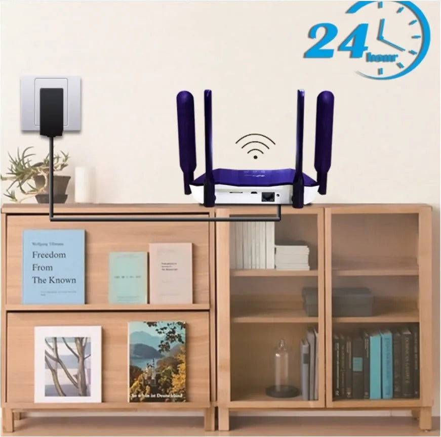 Blue 4G dual mode wireless router with four external antennas on a desk.