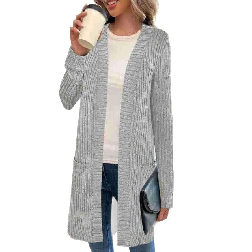 Long sleeve loose fit knitted cardigan jacket in black, wine red, or grey.