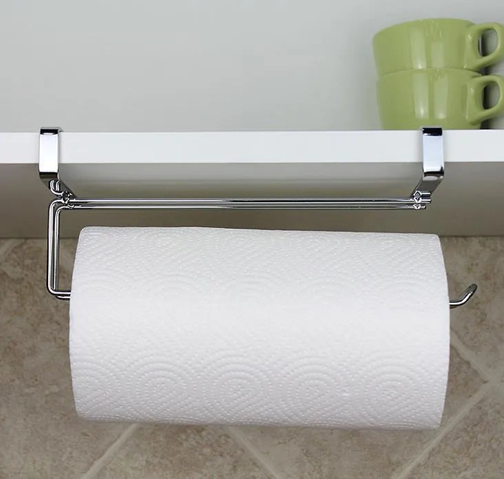 Silver stainless steel cabinet door back hanging paper towel rack showing dimensions