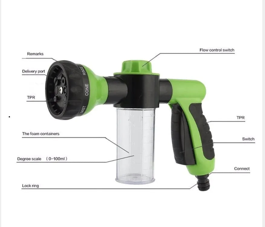 Green high pressure foam spray gun with adjustable nozzle for car washing and garden cleaning