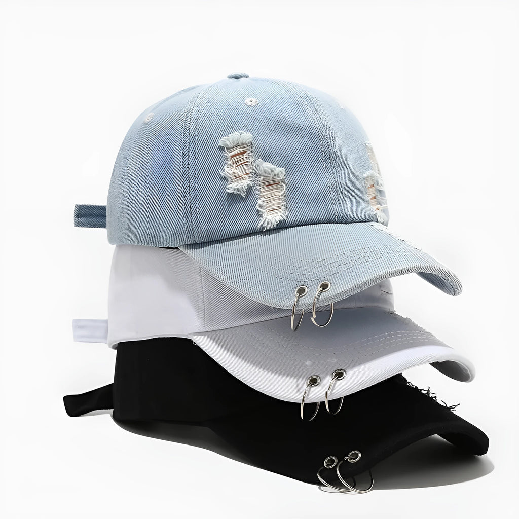 Men's adjustable denim peaked cap with dome crown in light blue jeans colour