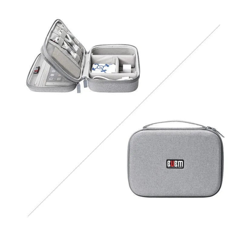 Black and grey EVA digital storage organiser bag for headphones and tech accessories, showing single and double layer options.