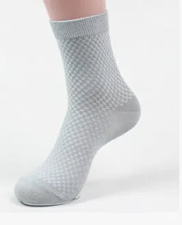 Men's bamboo fibre socks with small square pattern in black, grey, blue, and navy colours