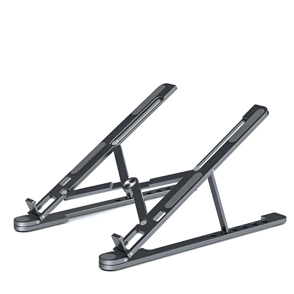 Aluminium laptop stand showing adjustable height mechanism and foldable design