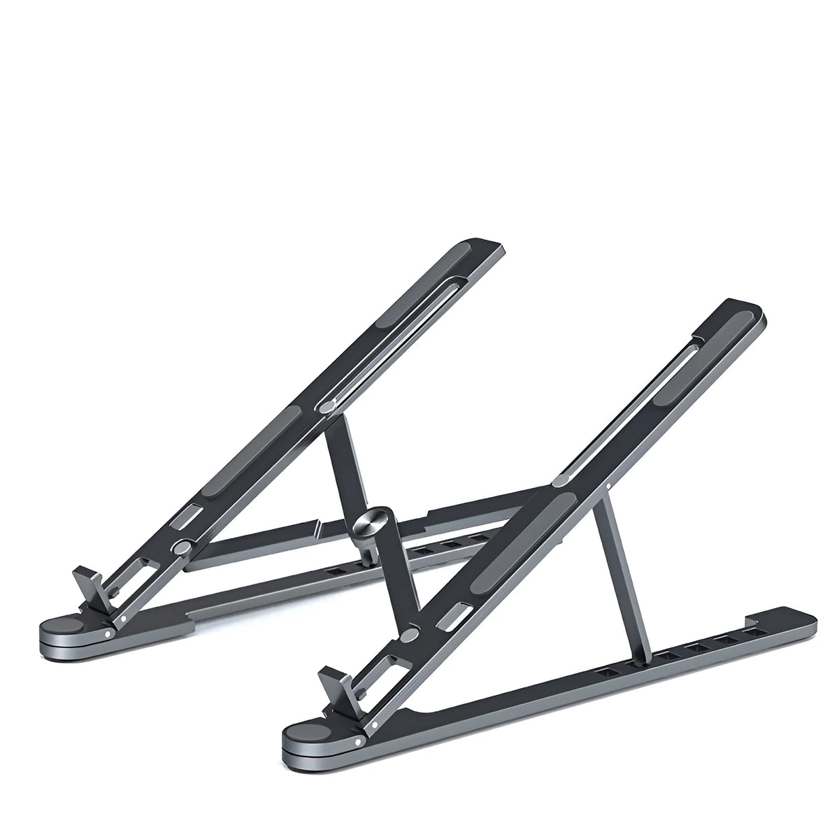 Aluminium laptop stand showing adjustable height mechanism and foldable design