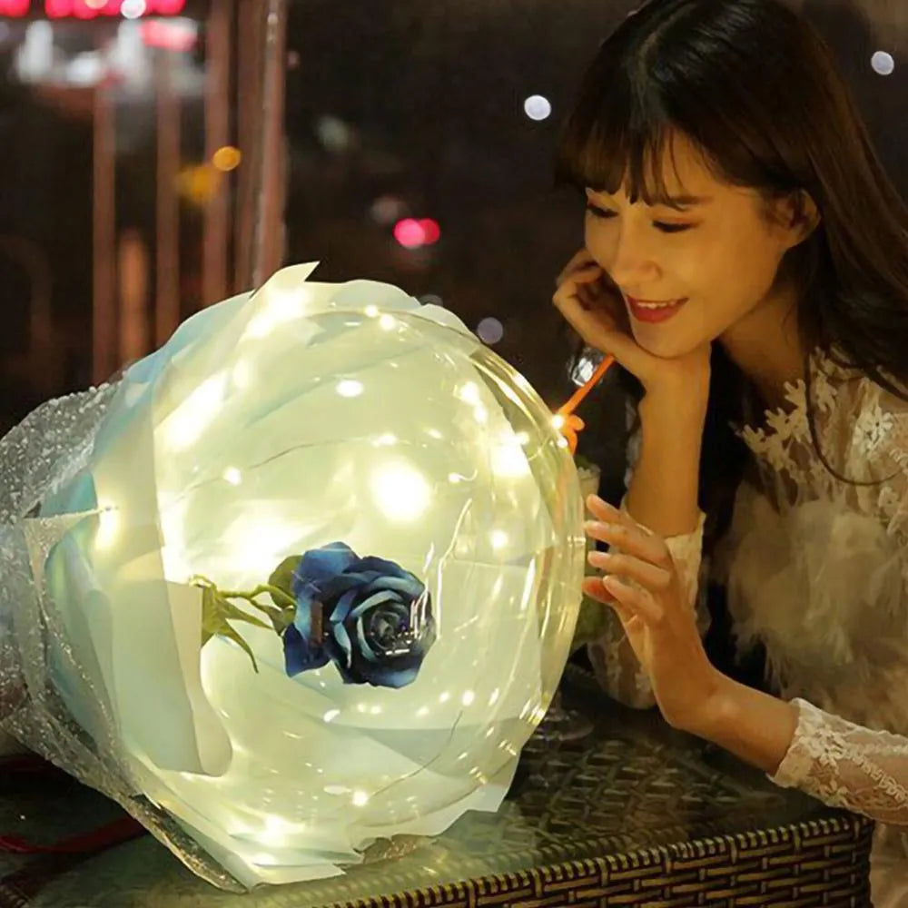 LED luminous transparent bobo balloon rose bouquet with artificial flowers and integrated lighting