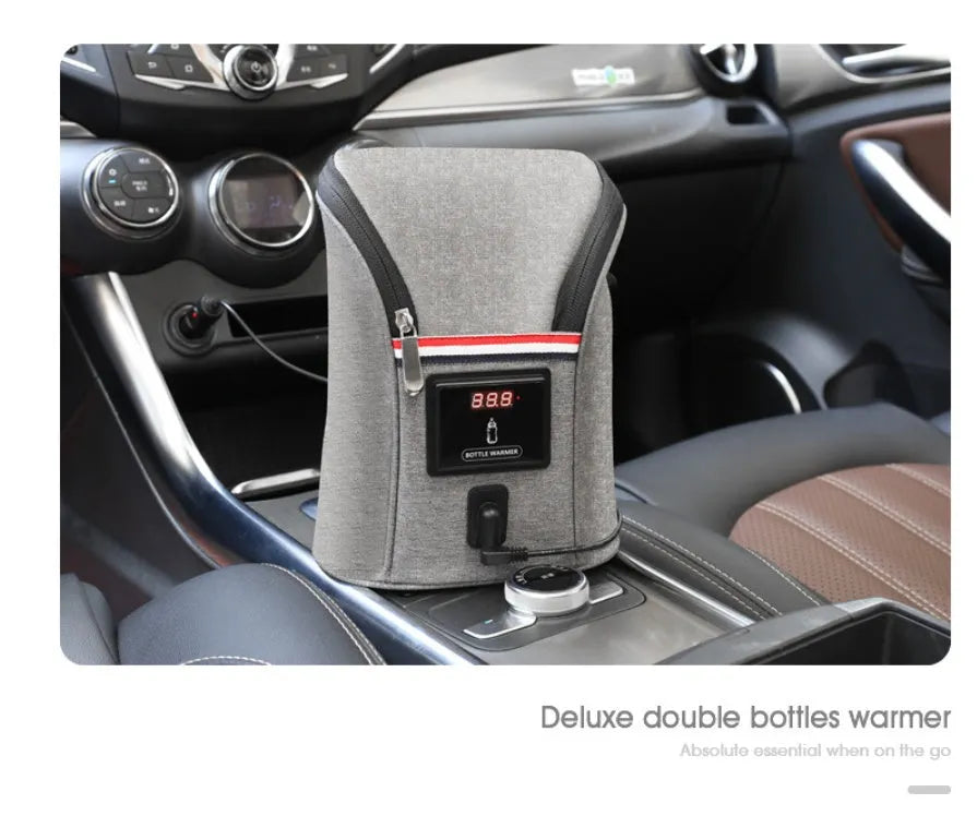 Grey portable car USB baby bottle warmer with digital display and hanging buckle for travel