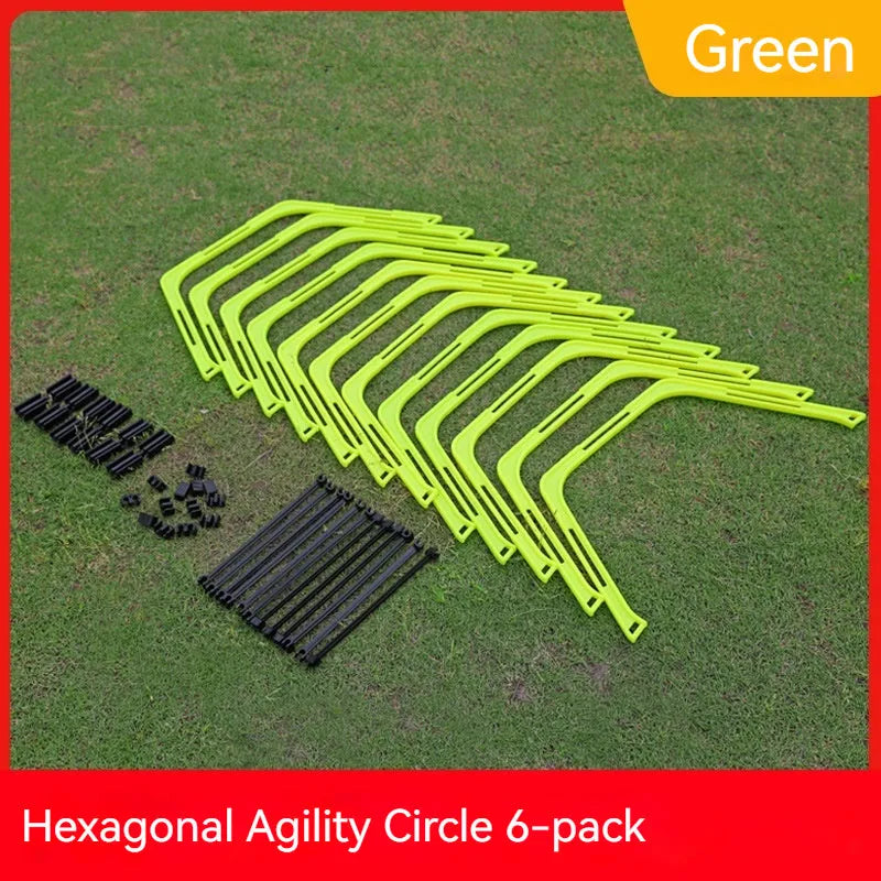 Set of six foldable hexagon football agility training rings in green, orange and yellow PP plastic