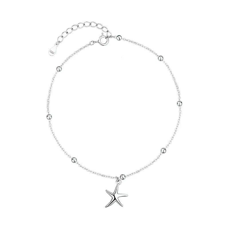 Women's sterling silver anklet with starfish charm and round beads on adjustable chain