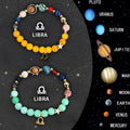 Two natural stone beaded bracelets with zodiac sign charms on a neutral background.